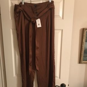 Universal Standard Tresa Wide Leg Satin High Waist Pants Caramel Brown S  14-16